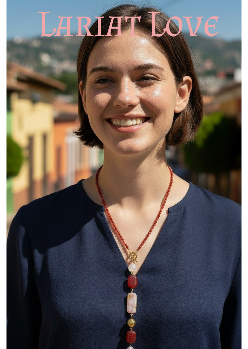 A woman wearing a unique Sasi Bon lariat style necklace